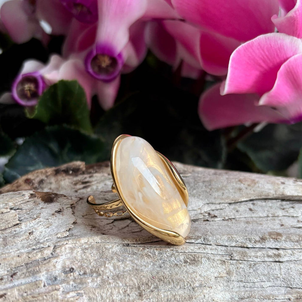 18ct Gold Plated Resin Statement Ring White