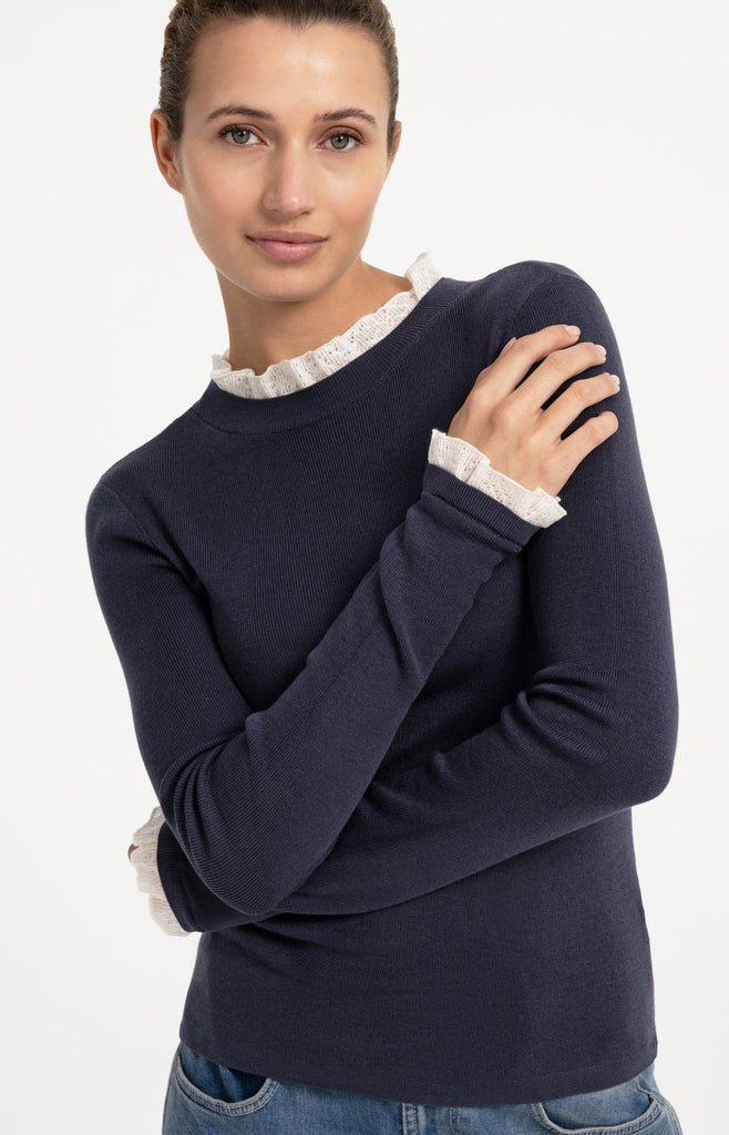 Fine knit rib top with ruffle-Slate
