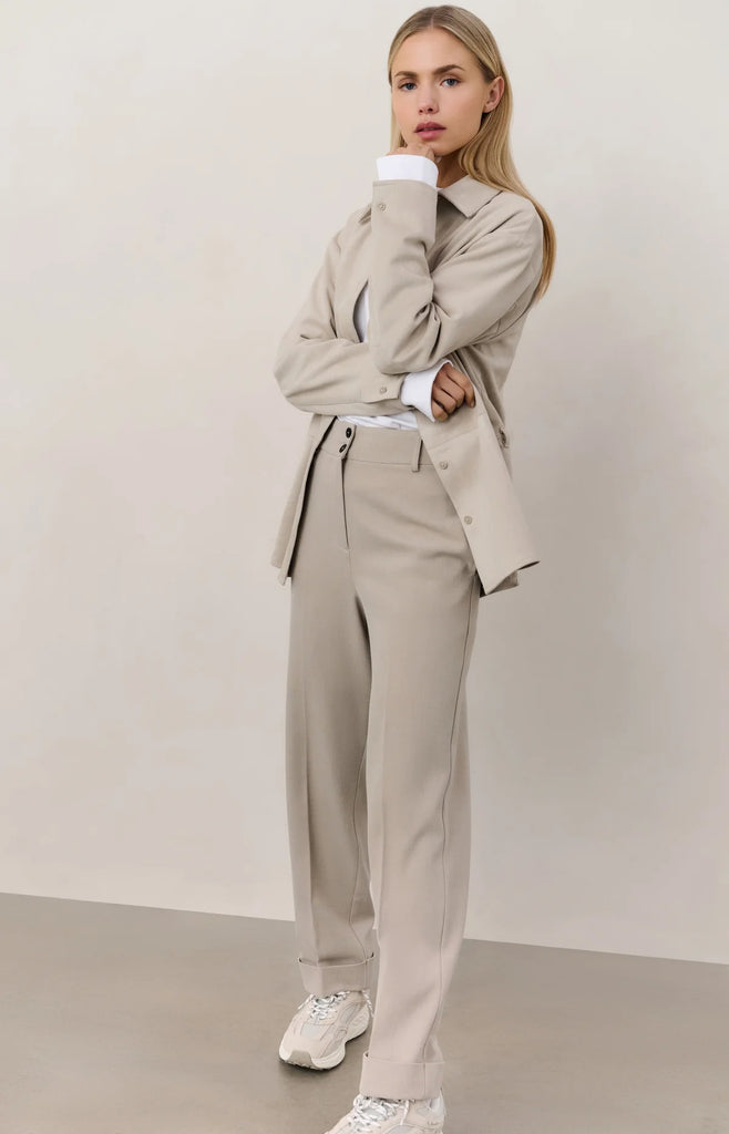 High Waist Tailored Trousers with Turn Up Sand
