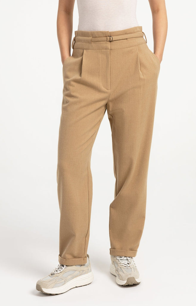 High-waist trousers with belt- Tan