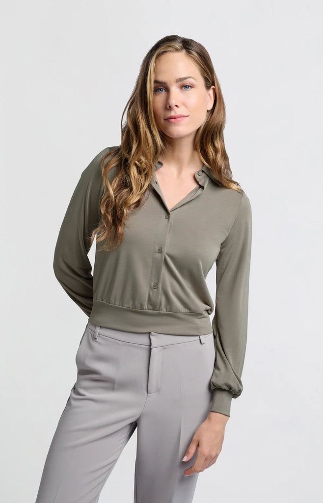 Jersey blouse top with balloon sleeves and button closure