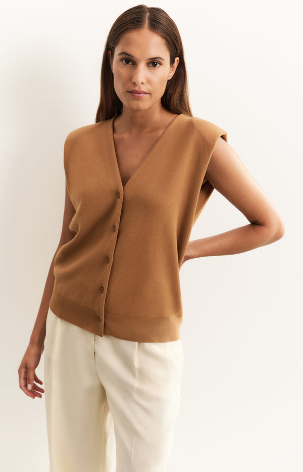 Knitted vest with shoulder details and V-neck - Brown