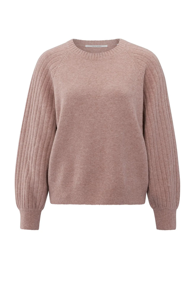 Knitted sweater with ribbed sleeves and round neck