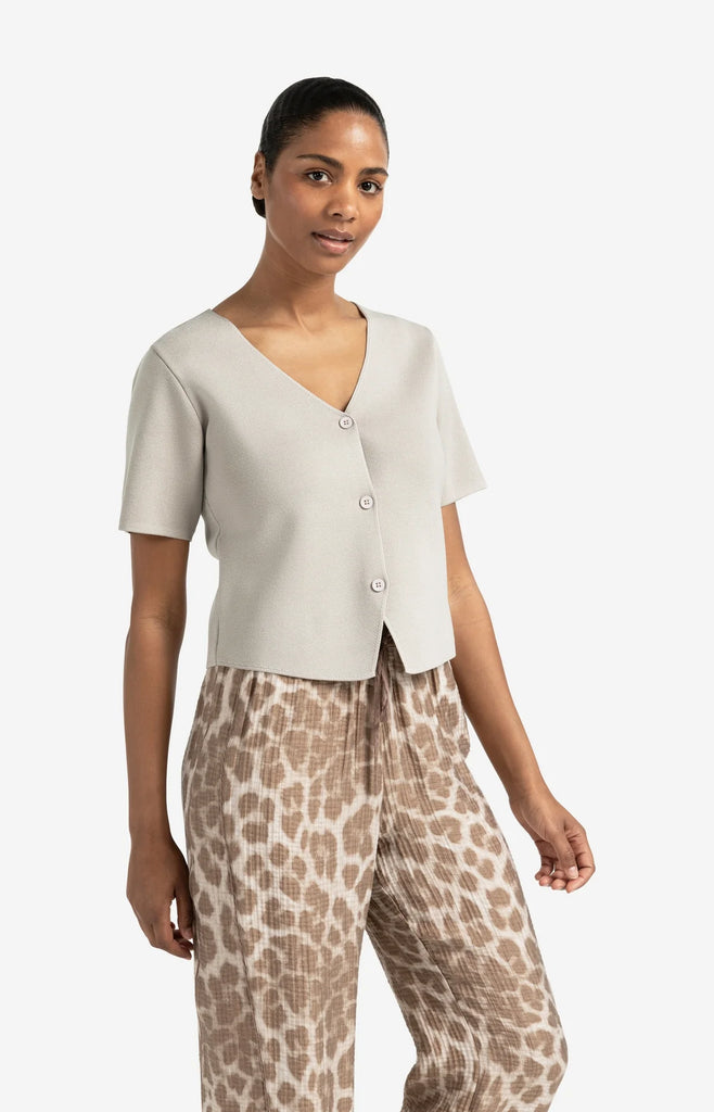 Knitted short sleeve button top - Milk Brown