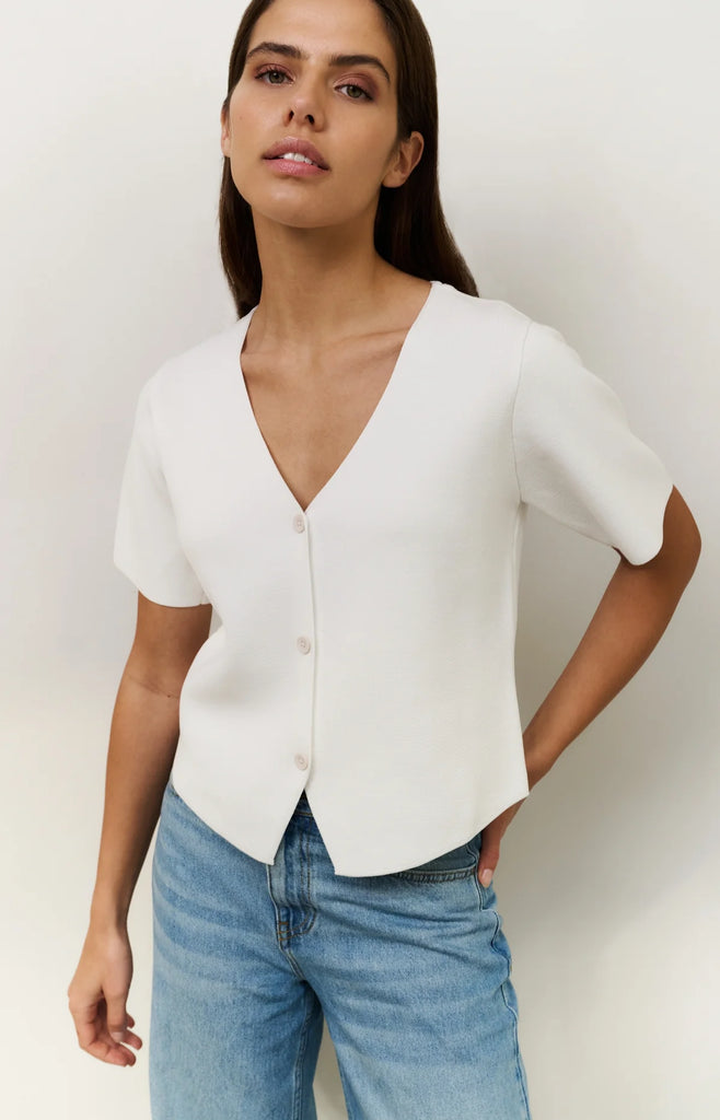 Knitted short sleeve button top - White