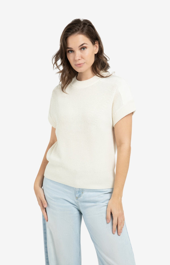 Knitted top with woven shoulder