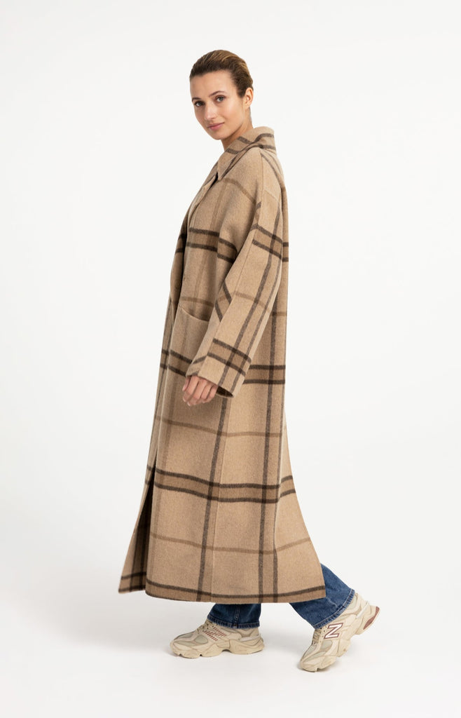 Long checked wool blend coat