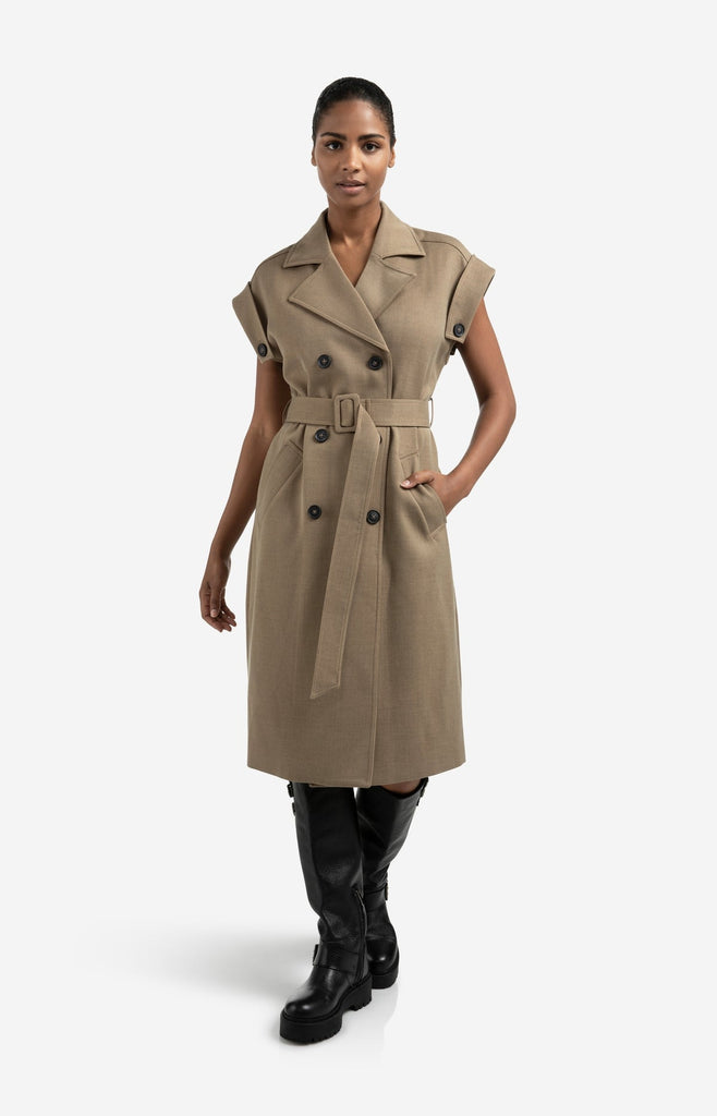 Long sleeveless coat with waist belt- Khaki
