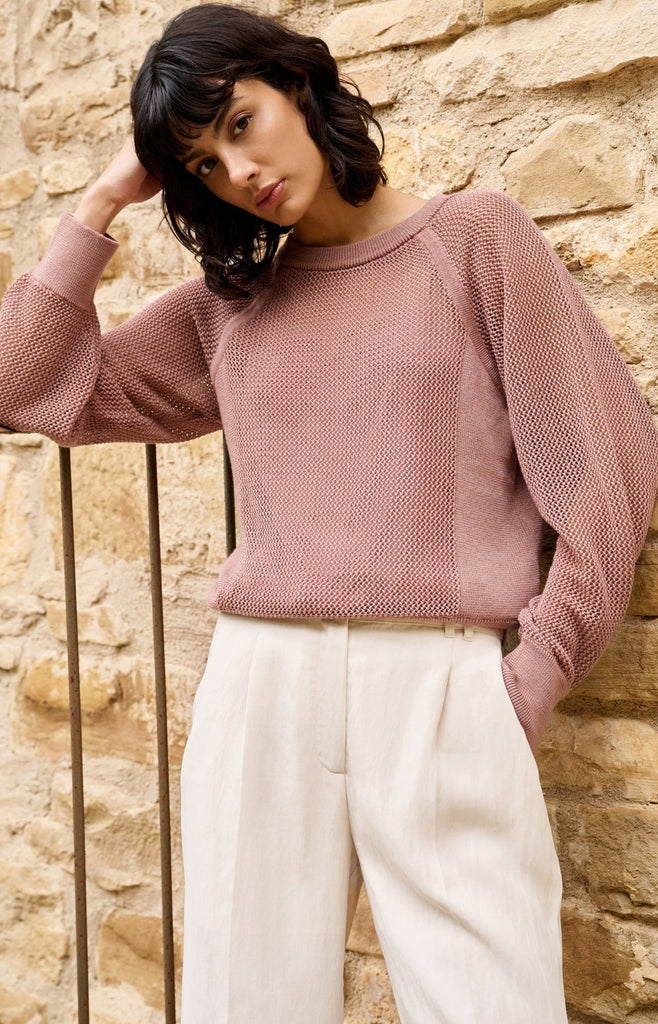 Mesh-stitch knitted sweater-Pink