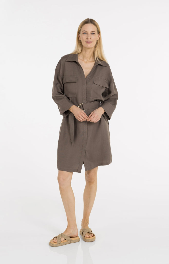 Short linen dress with belt- Brown