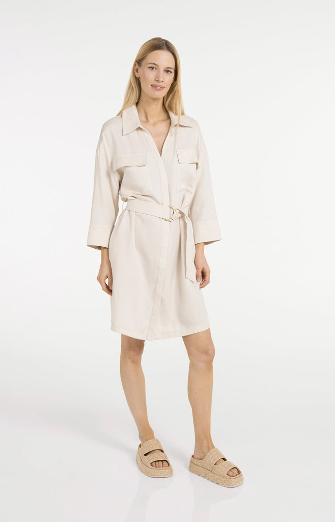 Short linen dress with belt-Cream