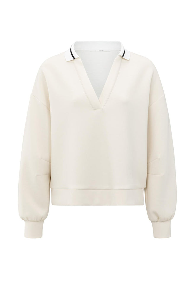 Sweatshirt with polo collar and V-neck- Cream