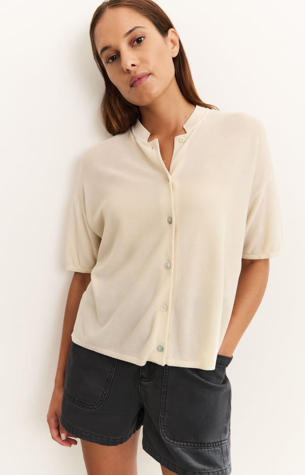 Textured cardigan with short sleeves- Beige