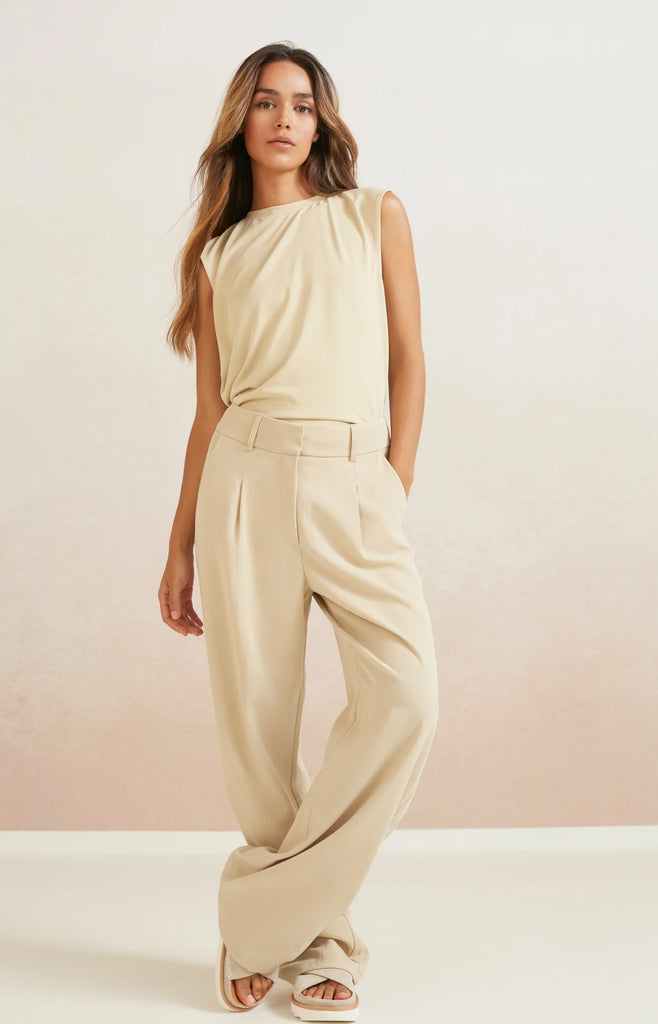 Wide Leg Woven Trousers Beige